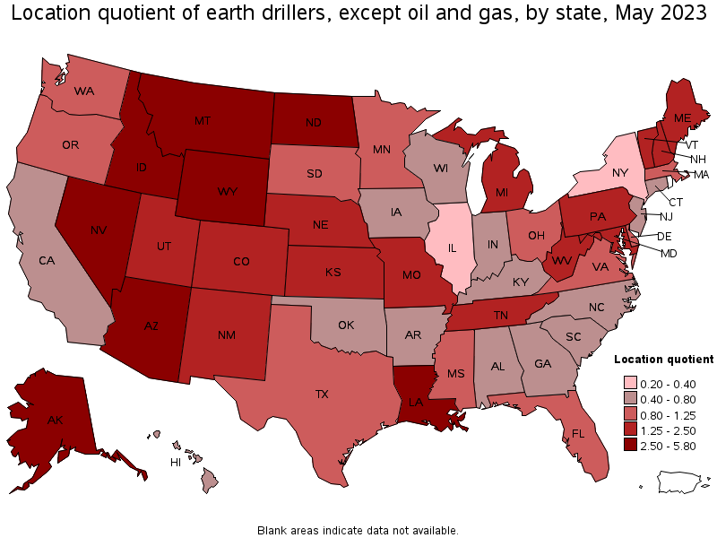 Map of location quotient of earth drillers, except oil and gas by state, May 2021