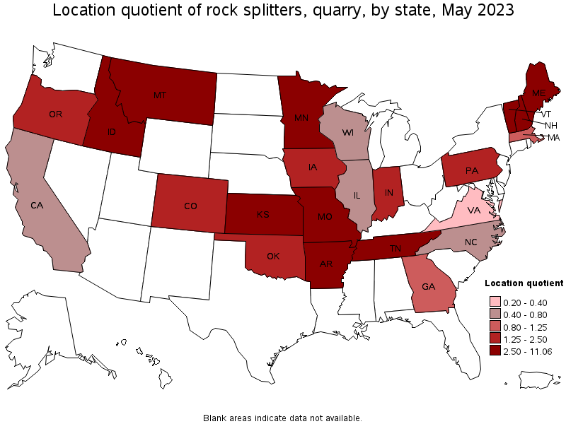 Map of location quotient of rock splitters, quarry by state, May 2022