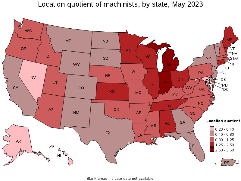 Map of location quotient of machinists by state, May 2022