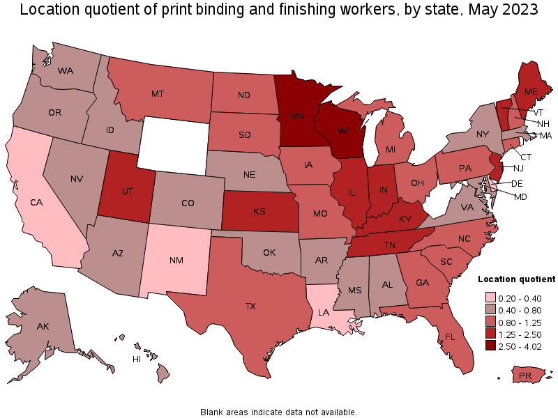 Map of location quotient of print binding and finishing workers by state, May 2021