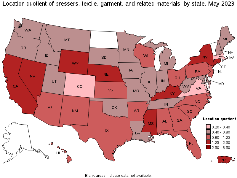 Map of location quotient of pressers, textile, garment, and related materials by state, May 2022