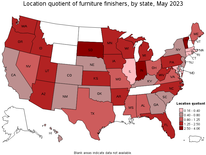 Map of location quotient of furniture finishers by state, May 2022