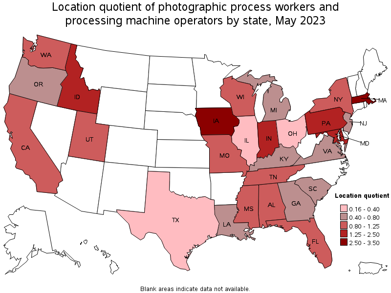 Map of location quotient of photographic process workers and processing machine operators by state, May 2022