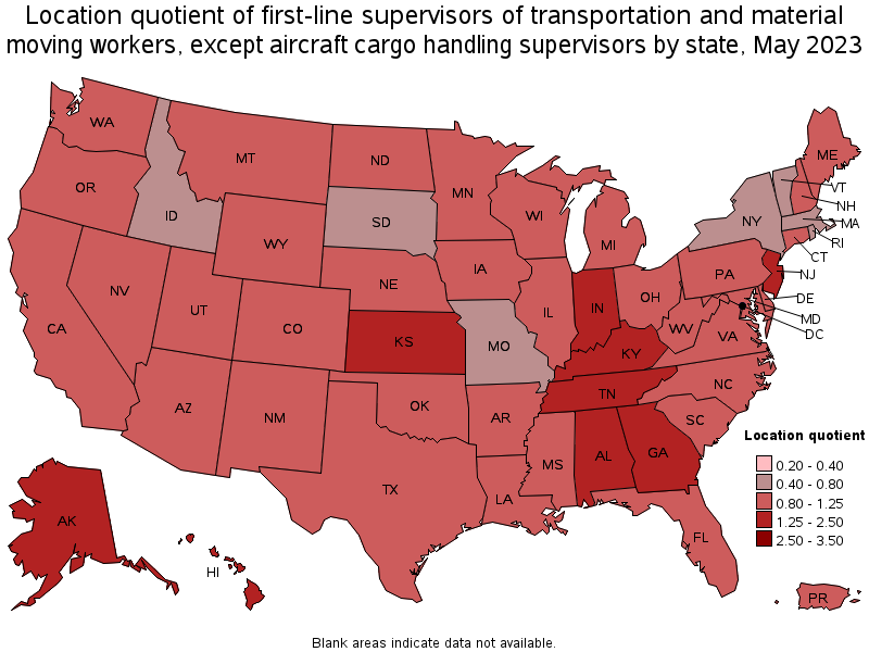 Map of location quotient of first-line supervisors of transportation and material moving workers, except aircraft cargo handling supervisors by state, May 2022