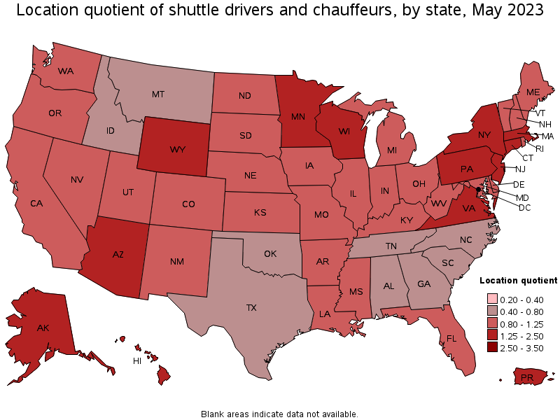 Map of location quotient of shuttle drivers and chauffeurs by state, May 2021