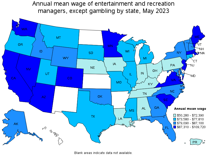 Map of annual mean wages of entertainment and recreation managers, except gambling by state, May 2021