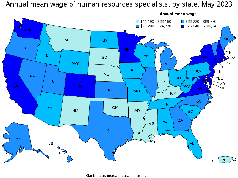 Map of annual mean wages of human resources specialists by state, May 2022
