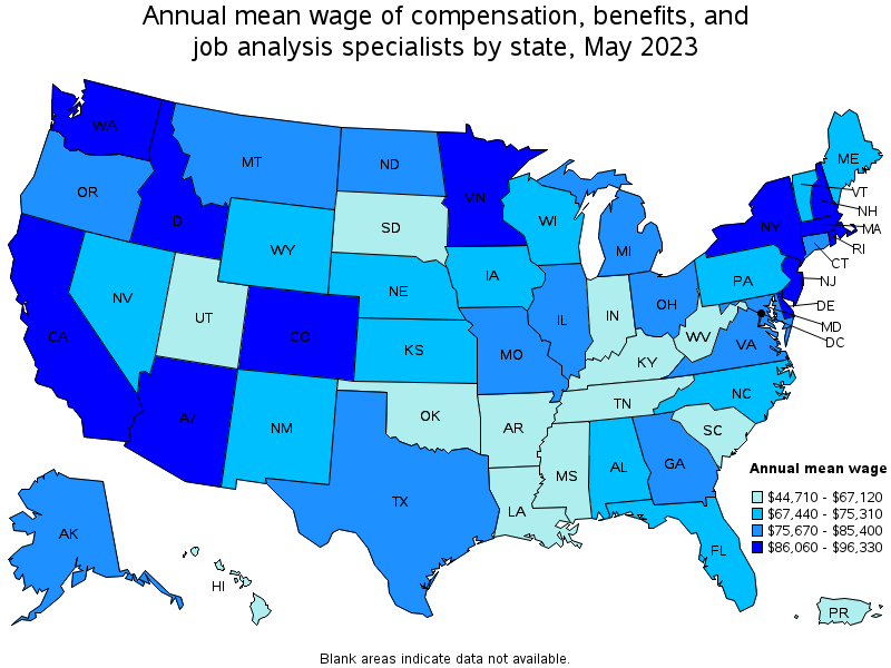 Map of annual mean wages of compensation, benefits, and job analysis specialists by state, May 2022