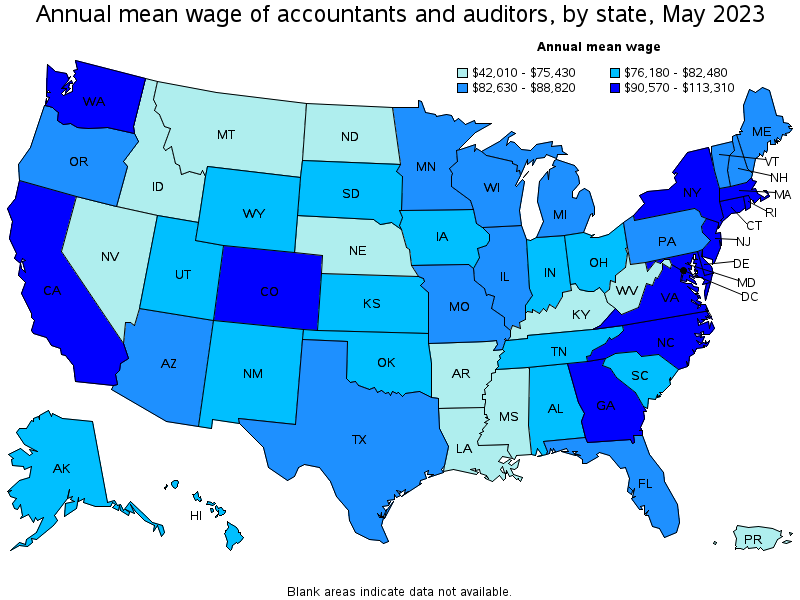 Annual mean wage of Accountants and Auditors by state, May 2020