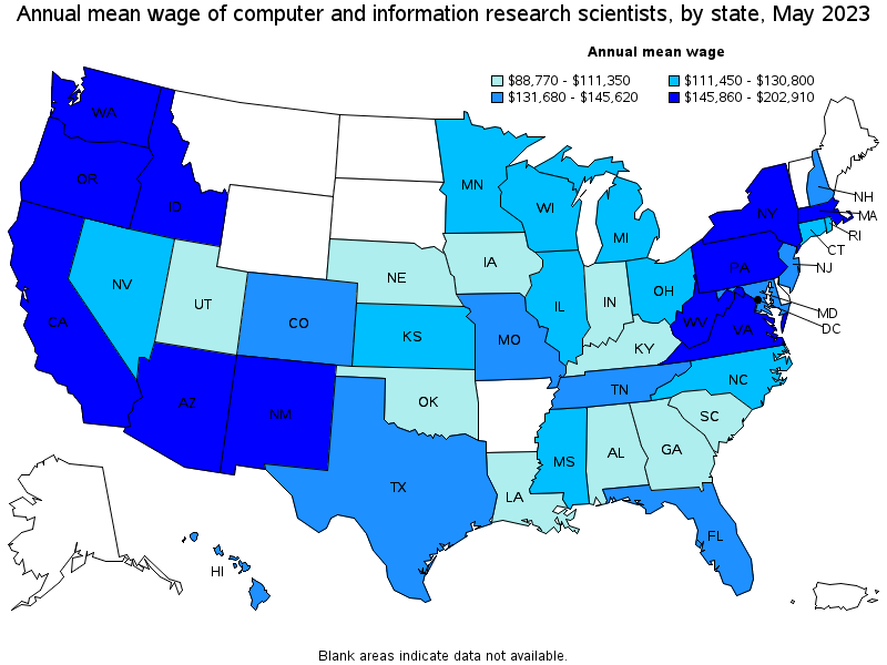 Map of annual mean wages of computer and information research scientists by state, May 2022
