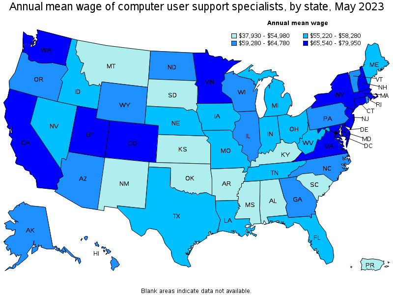 Map of annual mean wages of computer user support specialists by state, May 2021
