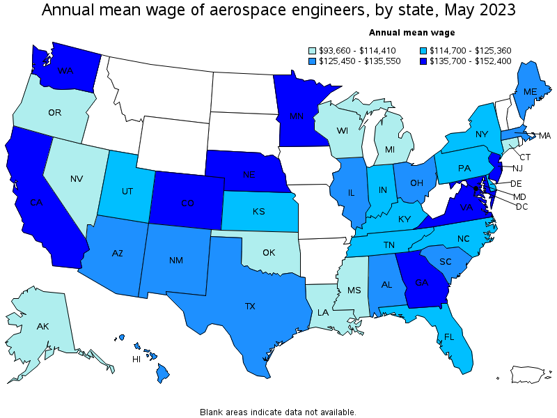 Map of annual mean wages of aerospace engineers by state, May 2022