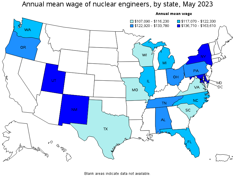Map of annual mean wages of nuclear engineers by state, May 2021