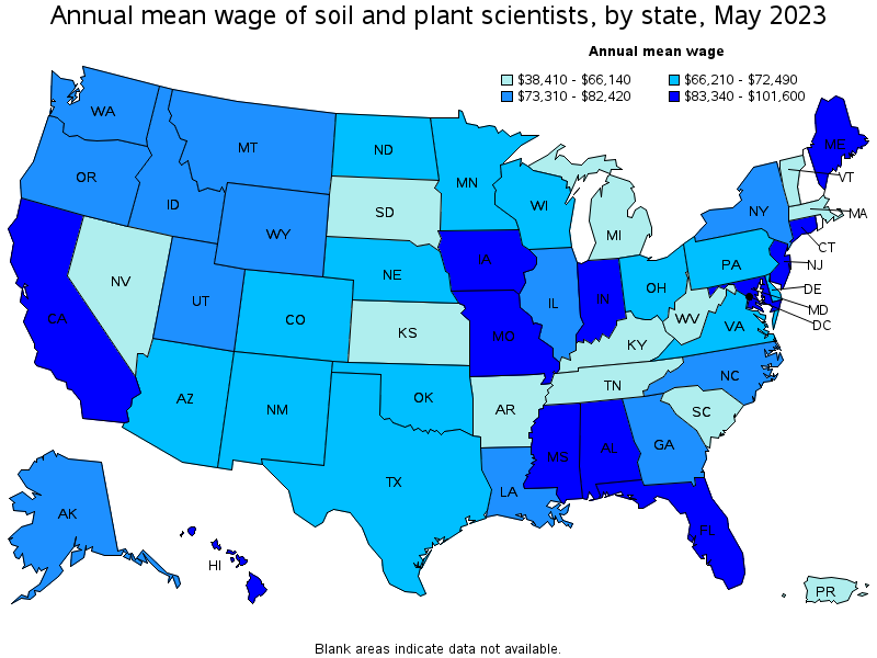 Map of annual mean wages of soil and plant scientists by state, May 2021