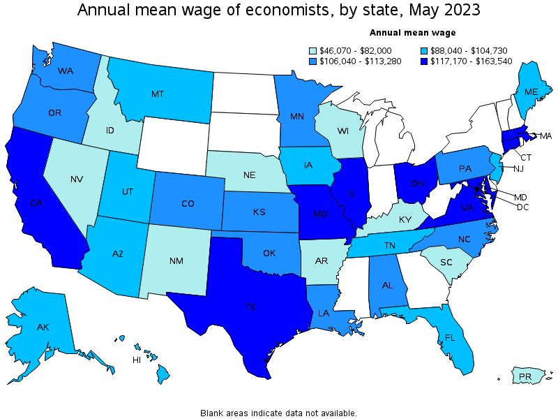 Map of annual mean wages of economists by state, May 2021