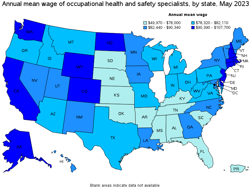Map of annual mean wages of occupational health and safety specialists by state, May 2021