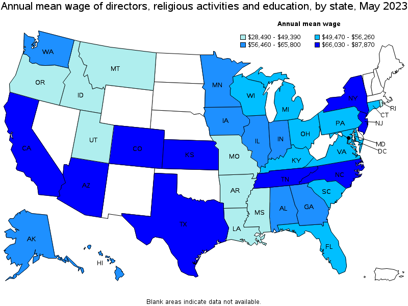 Map of annual mean wages of directors, religious activities and education by state, May 2021