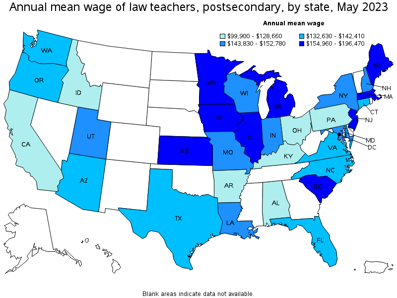Map of annual mean wages of law teachers, postsecondary by state, May 2021