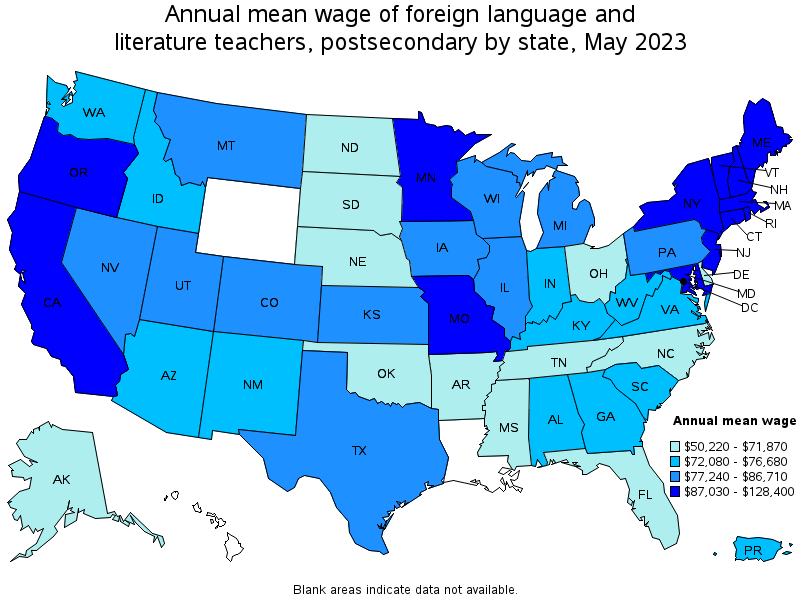 Map of annual mean wages of foreign language and literature teachers, postsecondary by state, May 2021