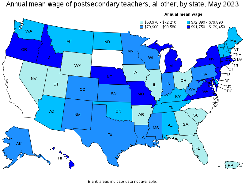 Map of annual mean wages of postsecondary teachers, all other by state, May 2022