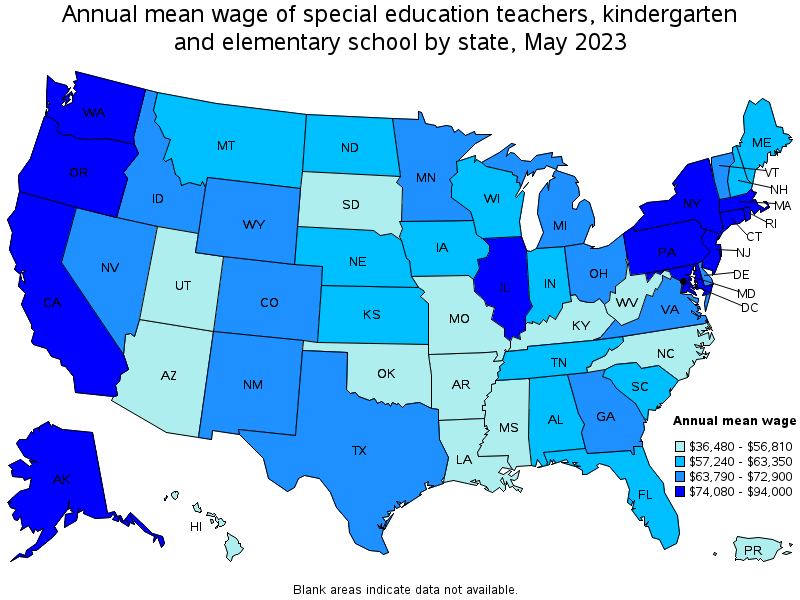 Map of annual mean wages of special education teachers, kindergarten and elementary school by state, May 2022
