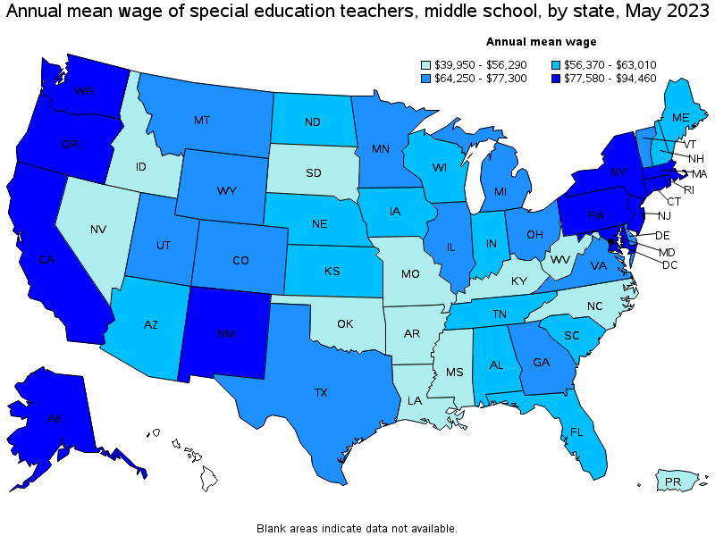 Map of annual mean wages of special education teachers, middle school by state, May 2022