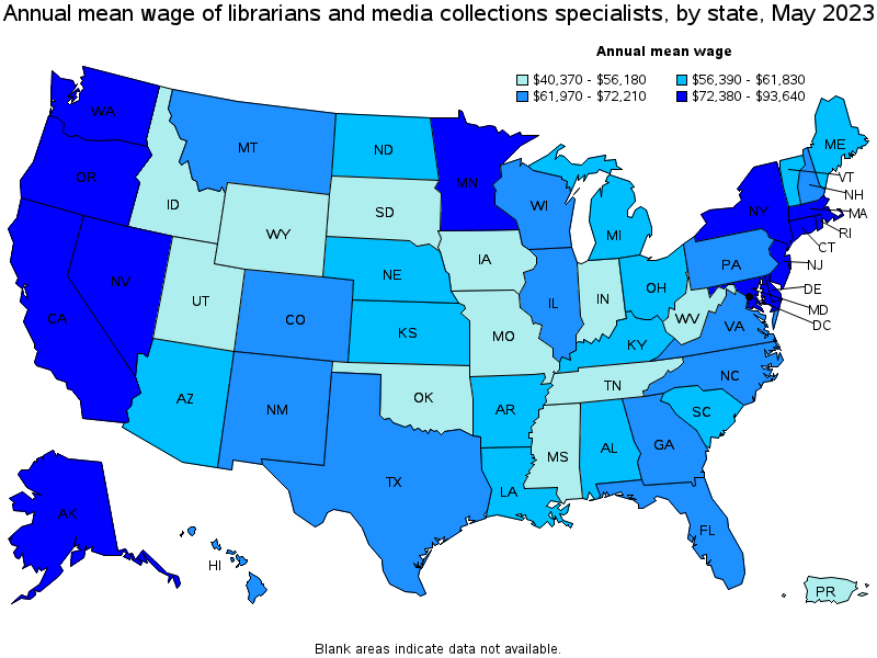 Map of annual mean wages of librarians and media collections specialists by state, May 2022