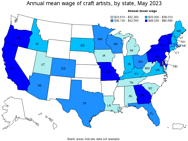 Map of annual mean wages of craft artists by state, May 2022