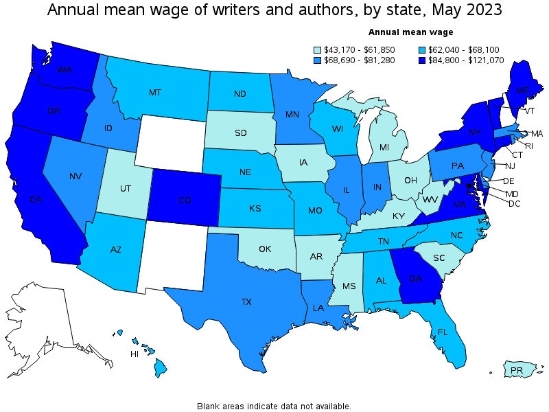 Map of annual mean wages of writers and authors by state, May 2022