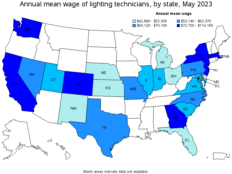 Map of annual mean wages of lighting technicians by state, May 2021
