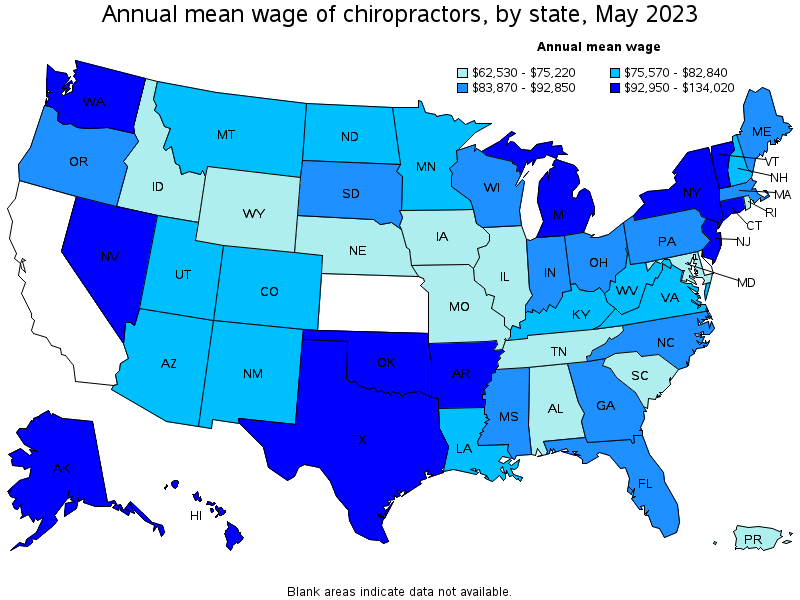 Map of annual mean wages of chiropractors by state, May 2022