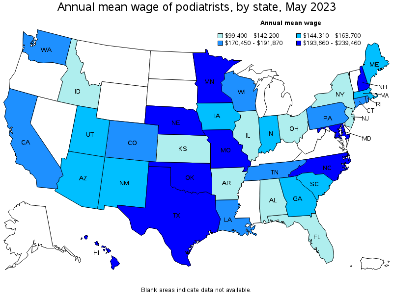 Map of annual mean wages of podiatrists by state, May 2022