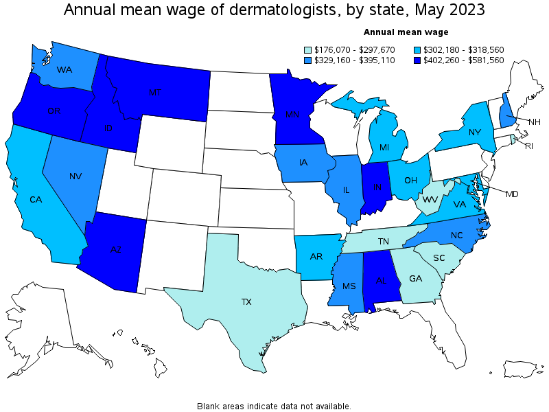 Map of annual mean wages of dermatologists by state, May 2022