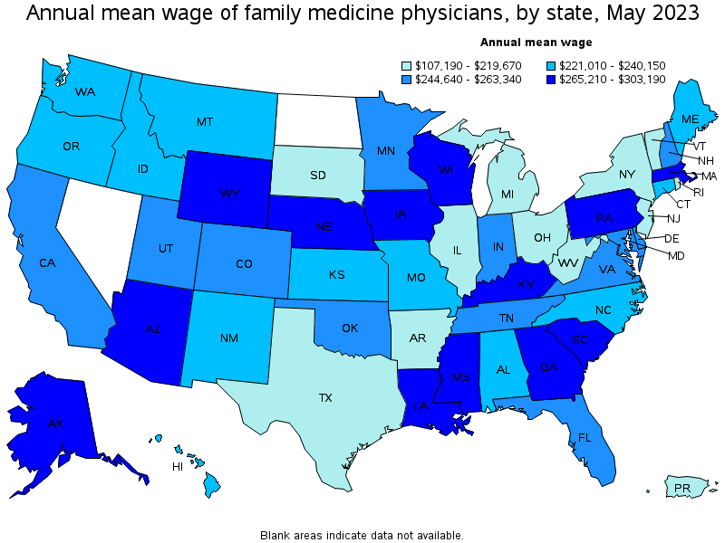 Map of annual mean wages of family medicine physicians by state, May 2021