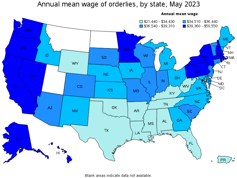 Map of annual mean wages of orderlies by state, May 2021