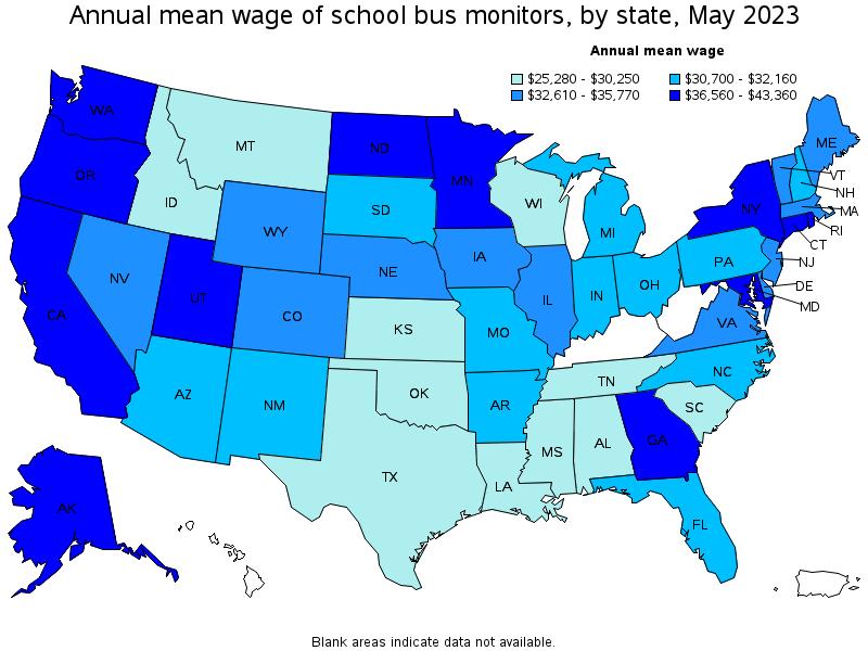 Map of annual mean wages of school bus monitors by state, May 2022