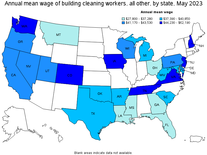 Map of annual mean wages of building cleaning workers, all other by state, May 2021