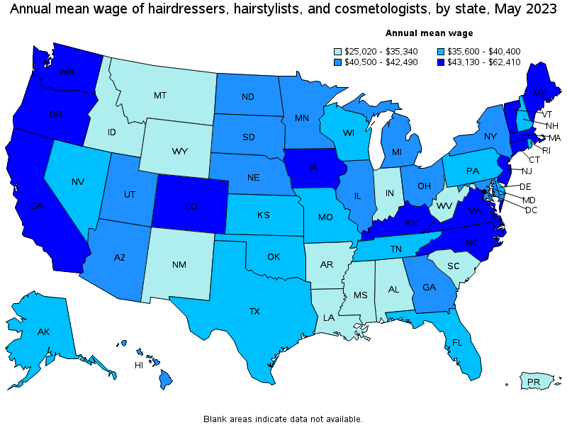 Map of annual mean wages of hairdressers, hairstylists, and cosmetologists by state, May 2021