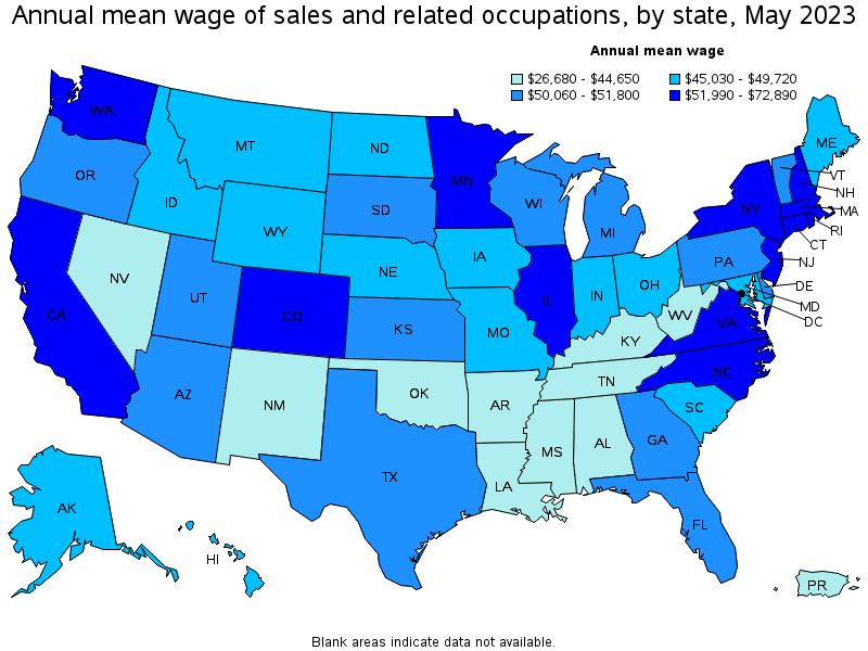Map of annual mean wages of sales and related occupations by state, May 2021
