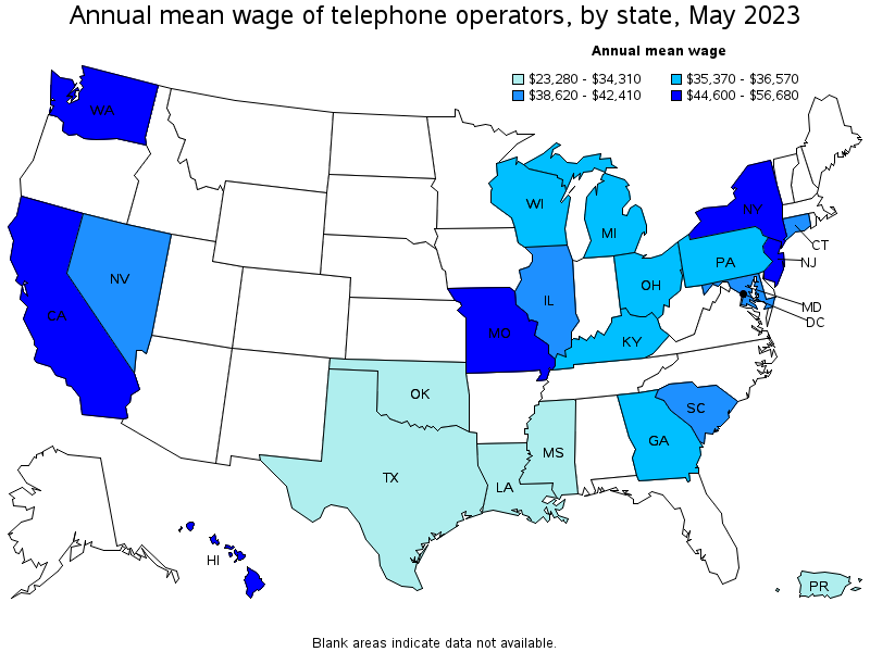 Map of annual mean wages of telephone operators by state, May 2021