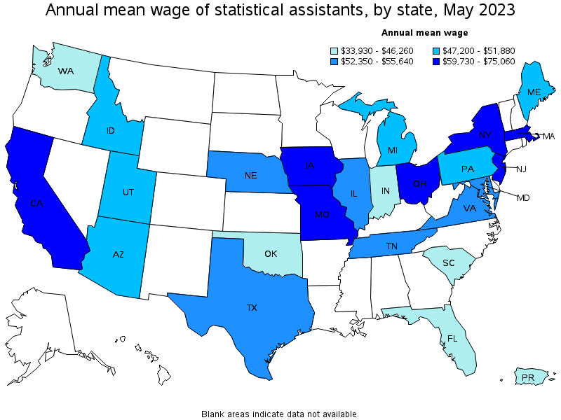 Map of annual mean wages of statistical assistants by state, May 2021