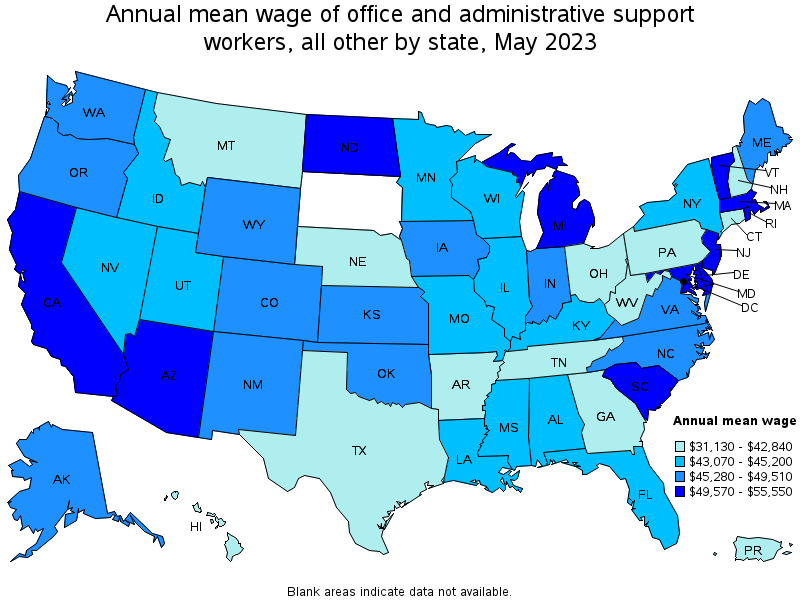 Map of annual mean wages of office and administrative support workers, all other by state, May 2022