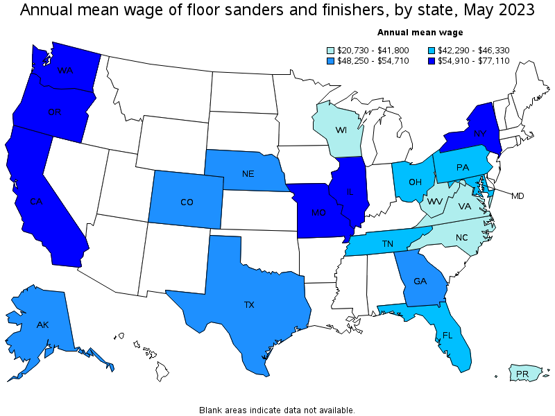 Map of annual mean wages of floor sanders and finishers by state, May 2021