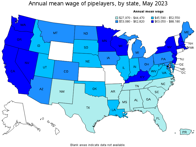 Map of annual mean wages of pipelayers by state, May 2022