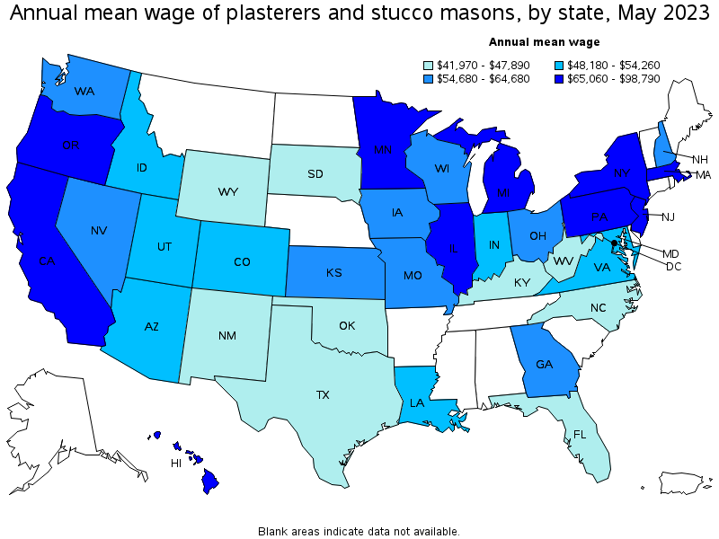 Map of annual mean wages of plasterers and stucco masons by state, May 2021