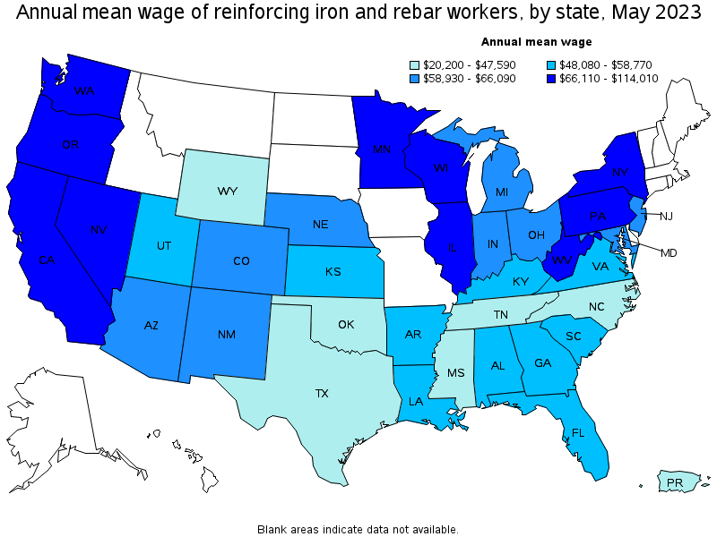 Map of annual mean wages of reinforcing iron and rebar workers by state, May 2021