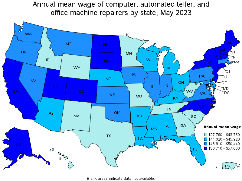 Map of annual mean wages of computer, automated teller, and office machine repairers by state, May 2022