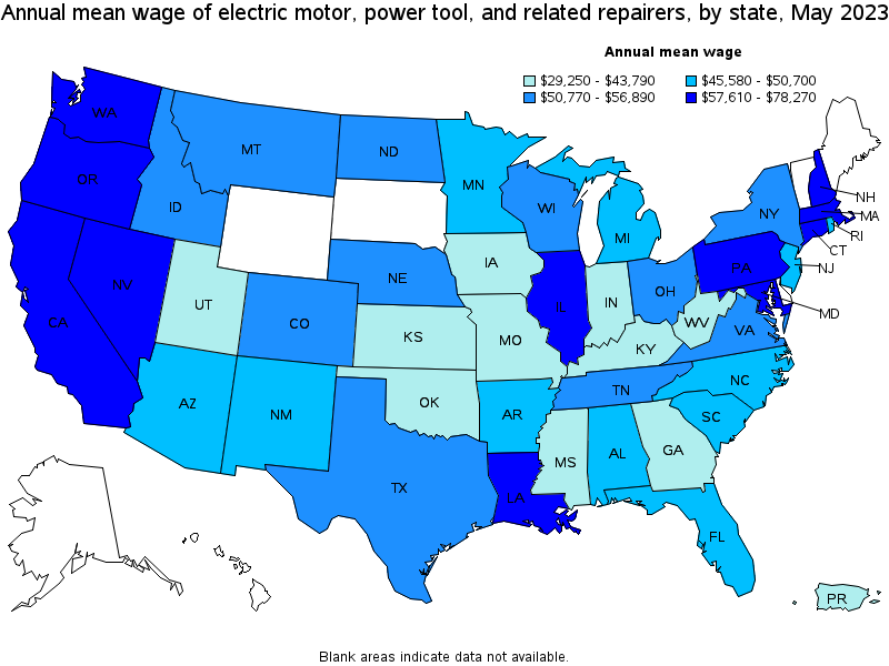 Map of annual mean wages of electric motor, power tool, and related repairers by state, May 2021