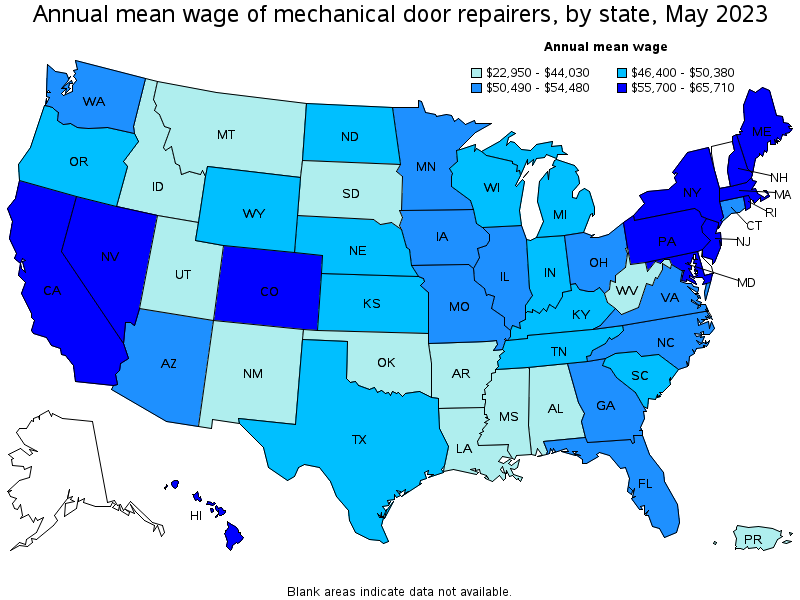 Map of annual mean wages of mechanical door repairers by state, May 2021