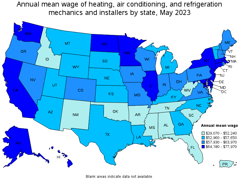 Map of annual mean wages of heating, air conditioning, and refrigeration mechanics and installers by state, May 2022